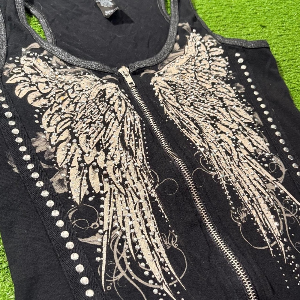 Vintage Y2K LA Bus Stop Rhinestones Angel Wings Zip Up Biker Tank Top Small - Picture 2 of 6